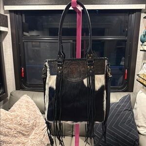 Kobler Genuine Leather Hair On Hide Cowhide Fringe Western Tooled Tote Bag